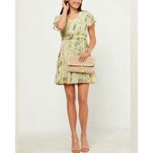 Hayden LA Dress 1XL 1 X XL Blouson Green Floral Smocked Washable Tiered Flowy